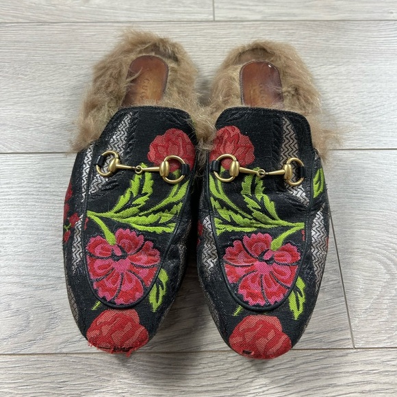 GUCCI Princetown Pink Floral Brocade Jacquard Fur Lined Loafer Slipper Mules - Picture 2 of 12